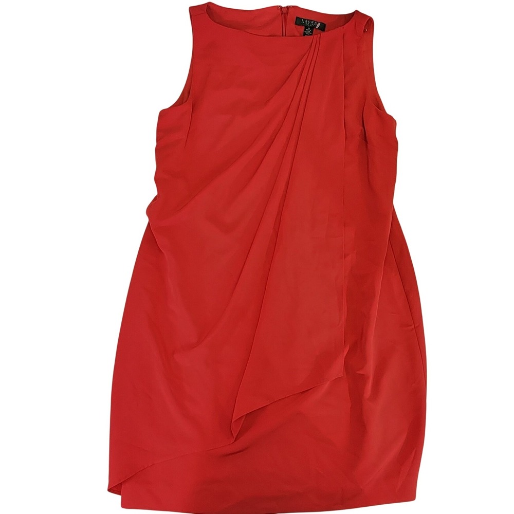 Lauren Ralph Lauren Red Draped Sheath Dress Women's Size 12 Sleeveless Cocktail
